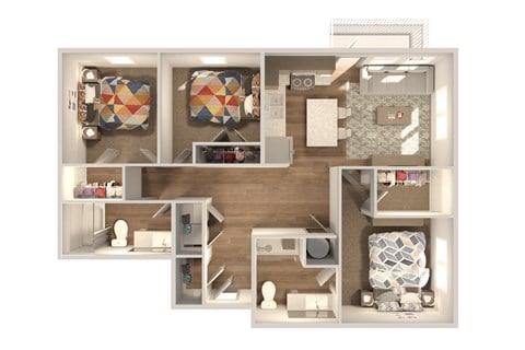 Floor plan for 3 beds, 2 baths, 1183 sqft